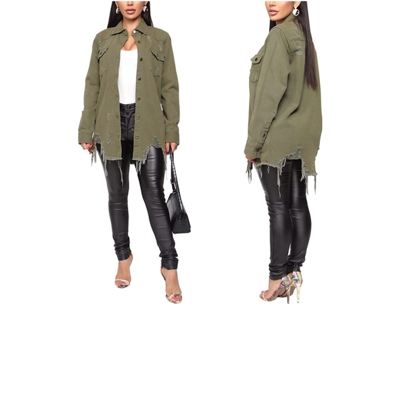 Distressed Denim Shacket Plus Size Olive - Picture 4 of 6